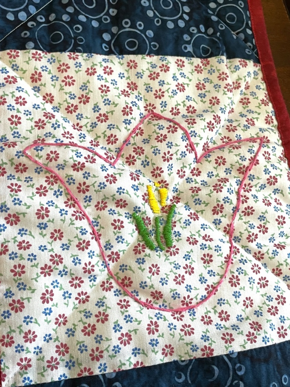 Handmade Quilt Whimsical Red Off White Blue Embroidered Flower Lap Child Size - Picture 8 of 15